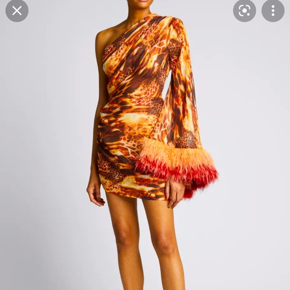 BRONX AND BANCO
Fire-Print One-Shoulder Feather-Cuff Mini Dress - Picture 2 of 9